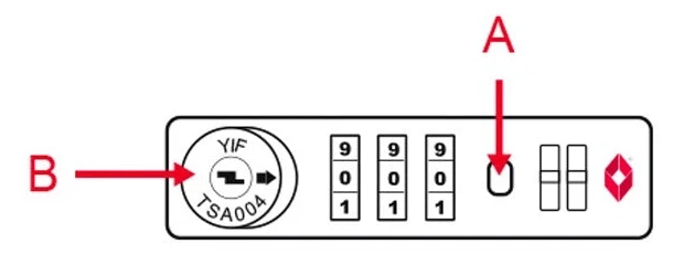 Cadeado TSA integrado, modelo 2, com as letras A e B indicando os botões